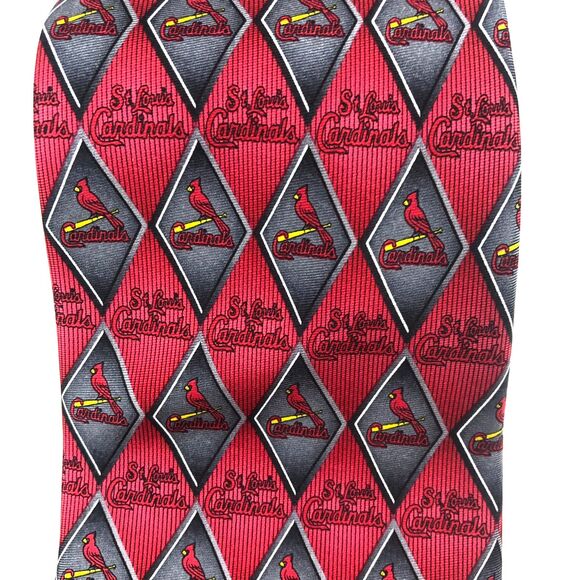 St. Louis Cardinals MLB Necktie Baseball 100% Silk Diamond Pattern Red Gray Tie - Picture 3 of 7